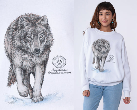 90s Wolf American Outdoorsman Graphic Sweatshirt White Crewneck Large