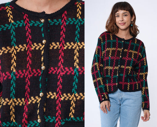 90s Checkered Cardigan Sweater Black Red Green Yellow Gold Button Small