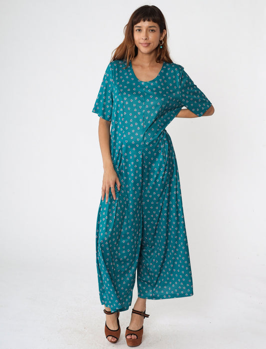 90s Lane Bryant Teal Geometric Wide Leg Jumpsuit Scoop Neck Large XL