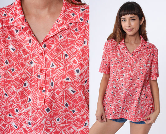 70s Geometric Print Collared Blouse Red White Psychedelic Shirt Extra Large