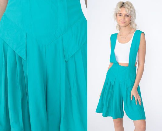 90s Turquoise Overall Shorts Pleated Suspender Straps Wide Leg Small S