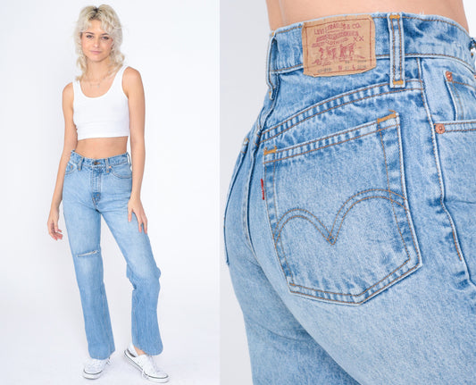 Levis 607 90s High Waist Bootcut Jeans Blue Denim Knee Rip Small