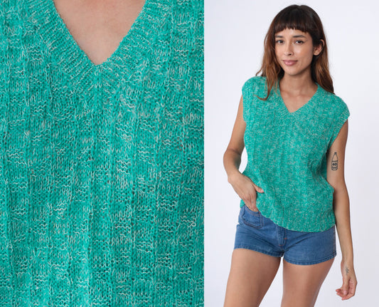 70s Green Knit Sweater Vest V Neck Sleeveless Pullover Large