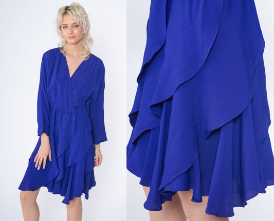 90s Blue Mini Dress Faux Wrap High Waisted Long Sleeve V Neck Small S
