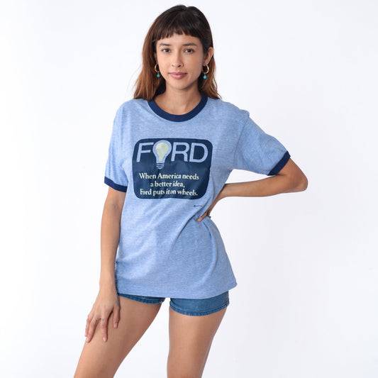 80s Ford Graphic Ringer Tee Blue Single Stitch T-Shirt Medium