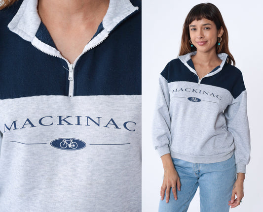 90s Mackinac Island Bike Quarter Zip Sweatshirt Light Heather Grey Small S