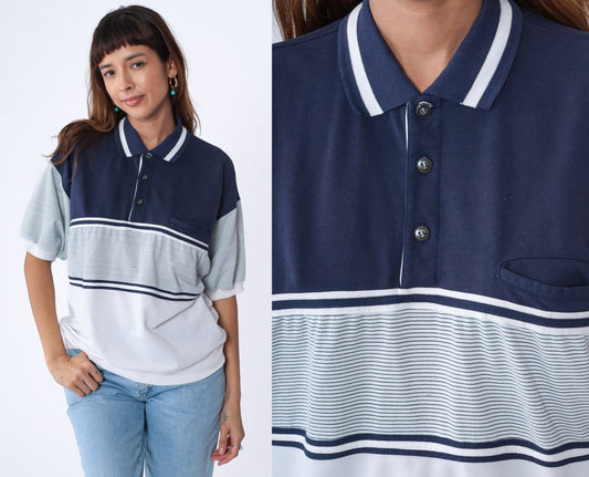 90s Striped Polo Shirt White Navy Blue Banded Hem Chest Pocket Extra Large XL