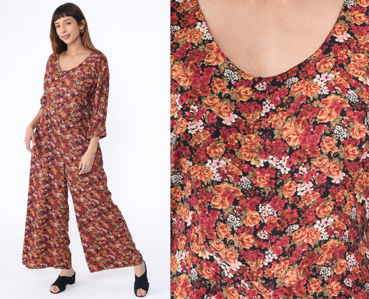 90s Red Orange Floral Rayon Jumpsuit Wide Leg Scoop Neck Medium