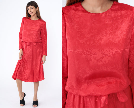 80s Red Embossed Leaf Midi Dress Puff Sleeve Blouson Waist Medium M