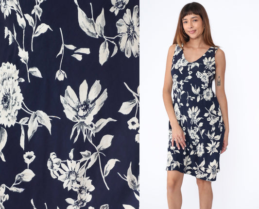 90s Navy Floral Midi Dress Sleeveless Shift Sundress Medium