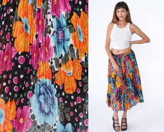 90s Floral Broomstick Skirt Drawstring Midi Cotton Orange Black Fuchsia Medium