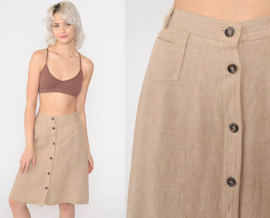 80s Harve Benard Linen Midi Skirt Tan Button Front High Waist Small