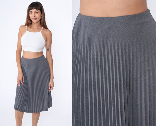 00s Grey Pleated High-Waist Midi Skirt Small 6