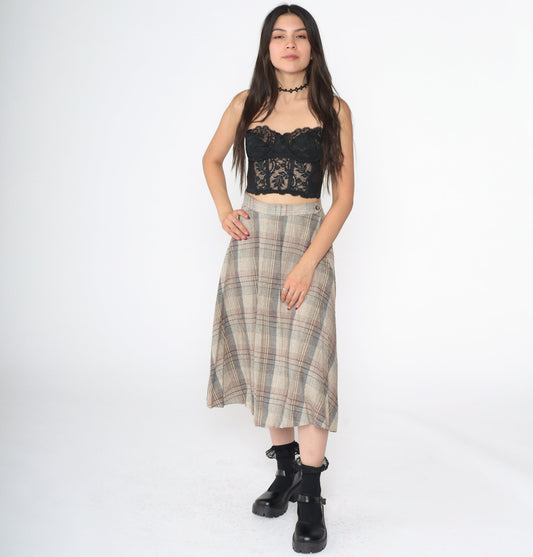 1970s Plaid Wool Midi Skirt Beige Red Blue Pleated High Waist Small