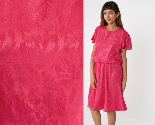 1970s Hot Pink Floral Embossed Midi Dress Flutter Sleeve High Waist Medium