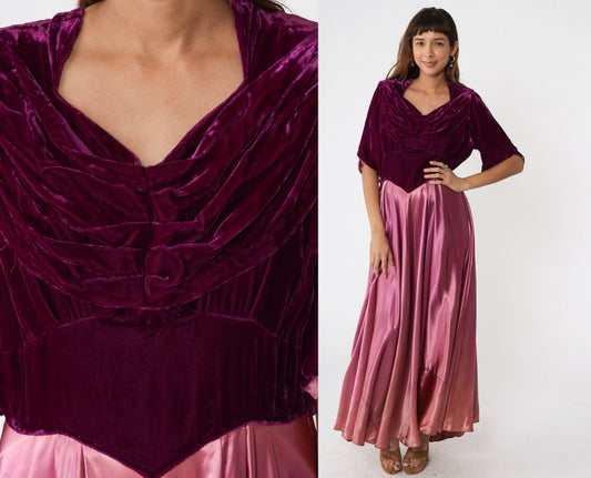 70s Purple Velvet Satin Maxi Dress Basque Waist Short Sleeve Large
