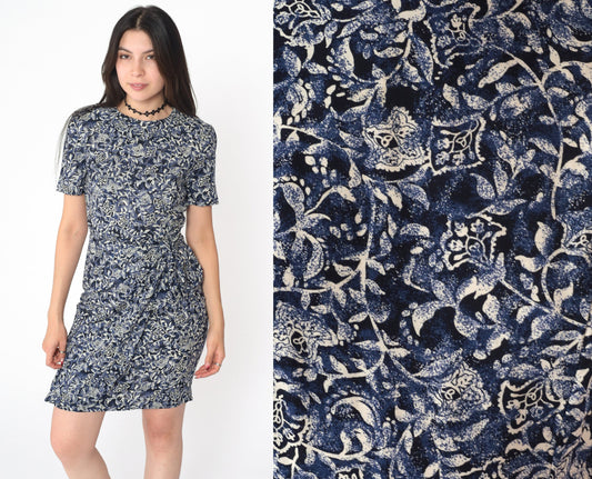 90s Floral Rayon Mini Dress Blue Wrap Tie Skirt Short Sleeve Small 4