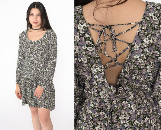 90s Floral Mini Dress Lace-Up V Back Drop Waist Long Sleeve Medium