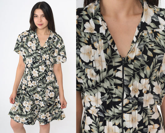 90s Tropical Floral Romper Black Green Wide Leg Playsuit Zip Front Medium