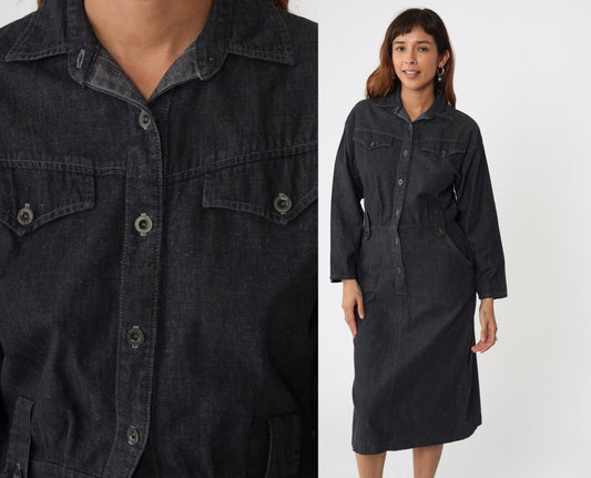 90s Panhandle Slim Black Denim Shirtdress High Waist Midi Button Up Medium