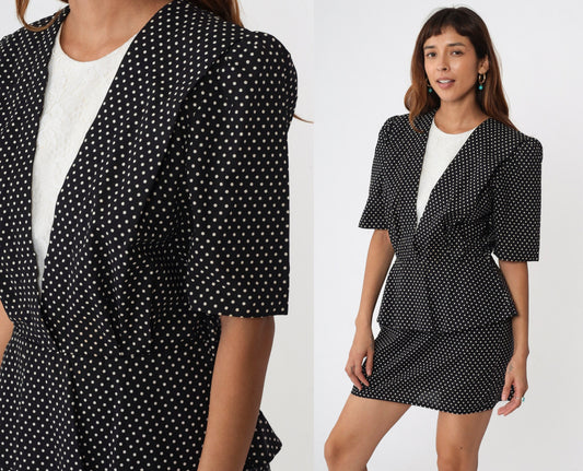 80s Black Polka Dot Peplum Mini Dress Puff Sleeve Lace Trim Medium