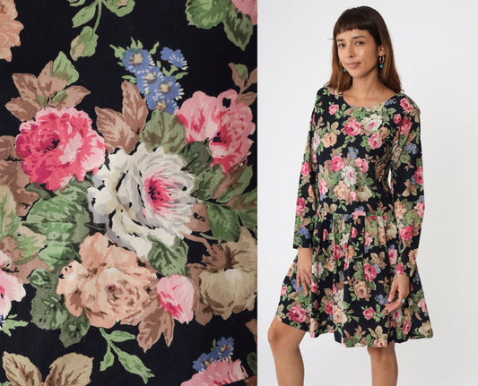 90s Atlas Studio Floral Mini Dress Black Drop Waist Long Sleeve Small S