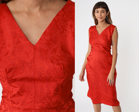 1960s Red Brocade Dragon Midi Dress Hourglass V-Neck Sleeveless Small S