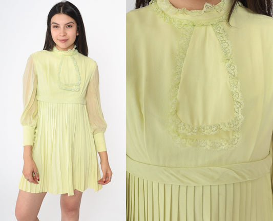 60s Lime Green Mini Dress Empire Waist Pleated Chiffon Sleeve Extra Small