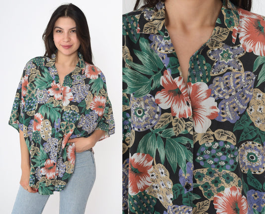 90s Tropical Floral Button Up Blouse Short Sleeve Blue Plus Size 18W