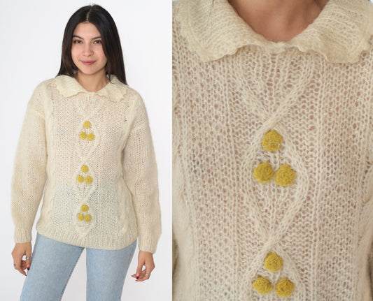 80s Cream Cable Knit Sweater Sheer Open Weave Collared Pullover Medium