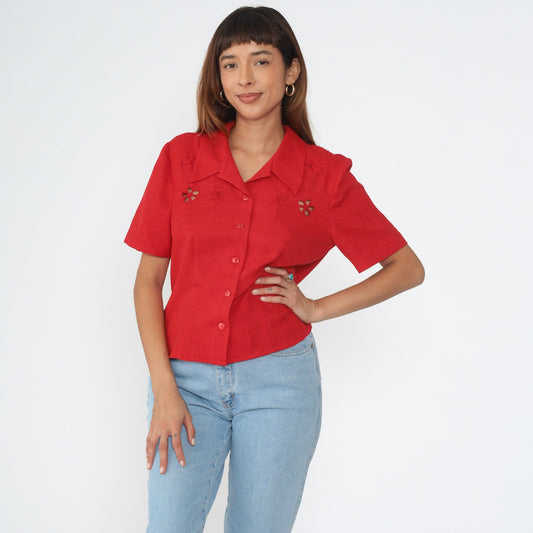 90s Red Floral Embroidered Cutout Button-Up Blouse Short Sleeve Medium