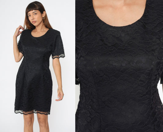 90s My Michelle Black Lace Mini Dress Scalloped Sheath Scoop Neck Medium