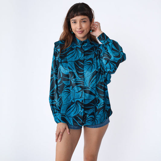 80s Leaf Print Blouse Black Blue Mock Neck Pleated Balloon Sleeve Large