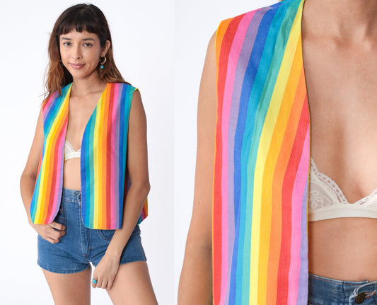 70s Rainbow Stripe Open Front Vest Sleeveless Top Medium