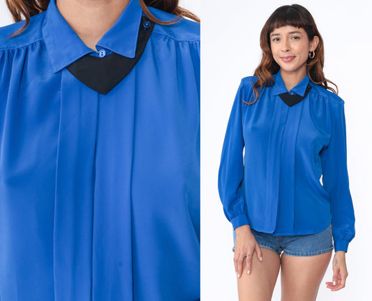 90s Royal Blue Pleated Blouse Detachable Collar Button-Up Long Sleeve Small S