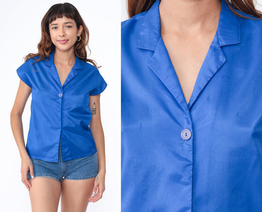 80s Avon Blue Polyester Cap Sleeve Button-Up Blouse Small