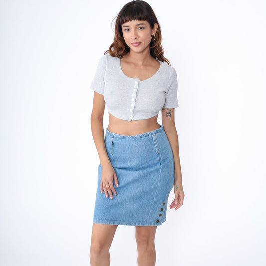 90s Blue Denim Mini Skirt High Waist Pencil Cut Side Button Medium