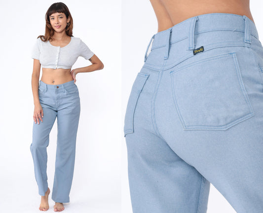 70s Wrangler Flared Trousers Baby Blue High Waist Bellbottoms Men's Medium 31