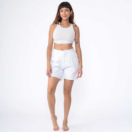90s White Denim Shorts Floral Lace Trim High Waist Jean Shorts Small