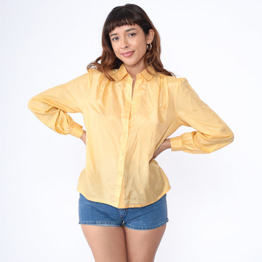 80s Adori Yellow Silk Puff Sleeve Button-Up Blouse Collar Medium