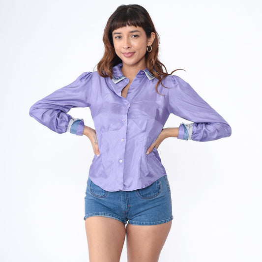 80s Lavender Shiny Blouse Peter Pan Collar Puff Sleeve Button Up Small