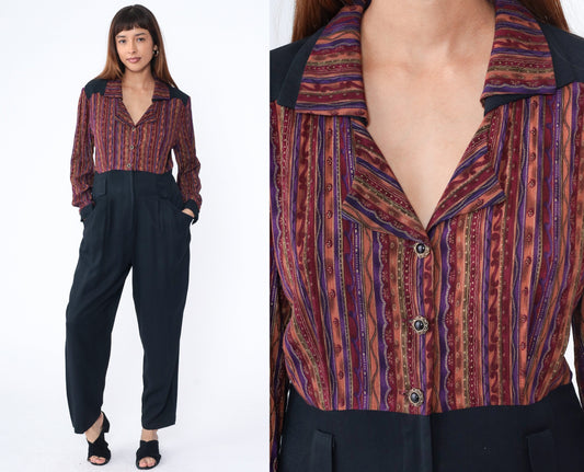 90s Molly Malloy Jumpsuit Burgundy Striped Black Tapered High Waist Medium