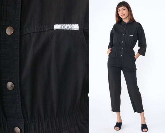 80s Ideas Black Cotton Jumpsuit Button-Up Tapered Leg Small