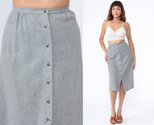 70s Bobbie Brooks Grey Midi Skirt Button Front High Waist Extra Small