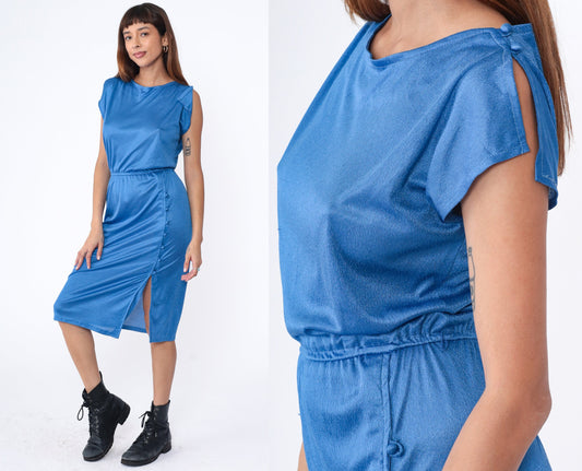 70s Blue Midi Dress Cap Sleeve High Elastic Waist Button Front Small