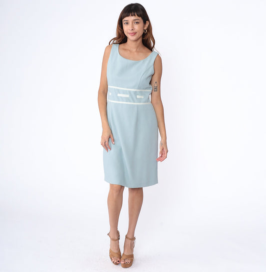 00s Ice Blue Sheath Dress Sleeveless Knee-Length Ribbon Trim Large 12