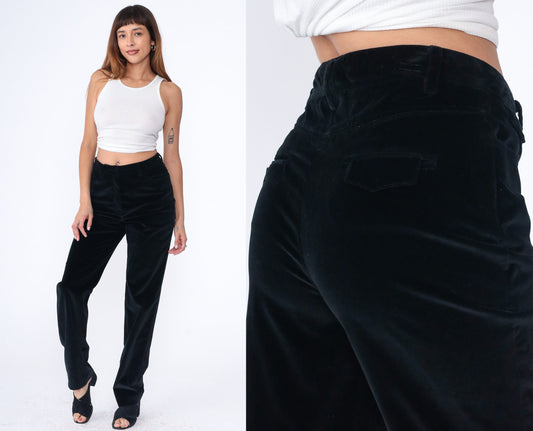 90s Per Se Black Velvet High-Waist Straight-Leg Trousers Medium 8