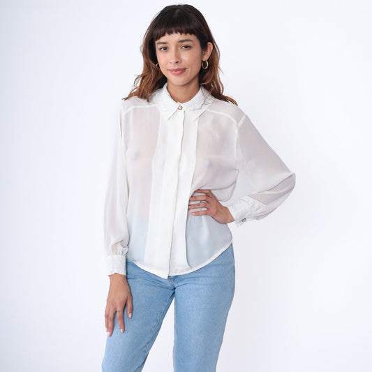 90s White Sheer Blouse Lace Collar Pearl Button Long Sleeve Medium