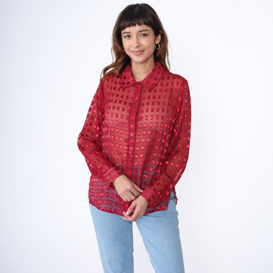 90s Red Metallic Grid Chiffon Button Up Blouse Long Sleeve Medium