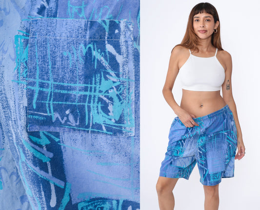 90s Maui Trading Co. Shorts Blue Abstract Print Cotton Elastic Waist Extra Large XL